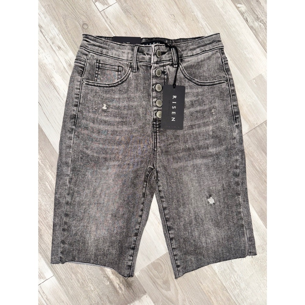 Risen Bermuda Shorts Womens Gray Acid Wash High Rise Button Fly Distressed S